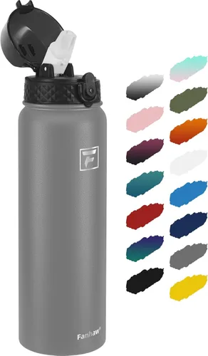 Vista 65 de Fanhaw Botella de agua aislada de acero inoxidable de 40 onzas con tapa con popote, botella deportiva extragrande a prueba de fugas para hombres