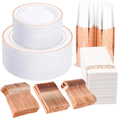 Vista 9 de WELLIFE 210 vajilla de plástico negro con servilletas preenrolladas, incluye: 30 platos llanos, 30 platos de postre, 30 servilletas de papel, 30