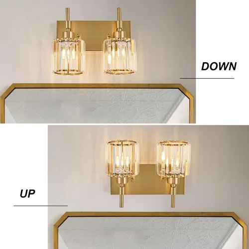 Vista 4 de 2 lámparas modernas de cristal dorado para tocador de baño sobre espejo