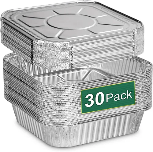Vista 7 de Bandejas desechables de papel de aluminio de 8 x 8 pulgadas con tapas (paquete de 15) - Bandejas de hornear resistentes para freidora de aire, horno