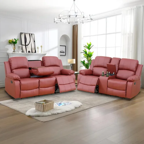 Vista 34 de Juego de Muebles para Sala de Estar, Juego de Sofá Reclinable Manual, Juegos de Sofás Reclinables de Cuero Beige con Mesa Desplegable, Sofá