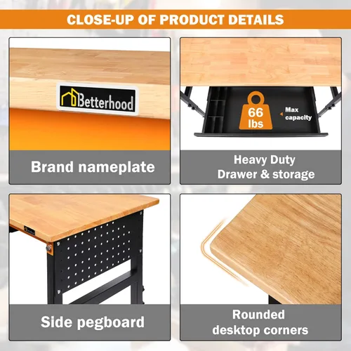 Vista 4 de Betterhood Banco de Trabajo Ajustable de 60" para Garaje, Mesa de Taller de Madera de Caucho con Ruedas y Tableros de Clavijas Dobles y Cajón