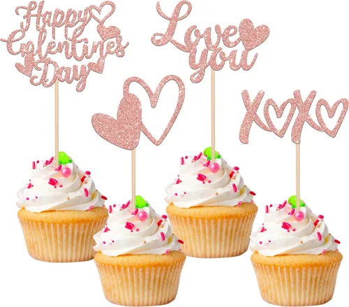 Vista 9 de Paquete de 24 adornos para cupcakes con purpurina en forma de corazón con temática de amor dulce, decoración de pasteles para el día de San