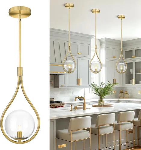 Vista 14 de AUTELO Luces colgantes para isla de cocina, 1 luz de oro cepillado moderno con lámpara colgante de globo blanco lechoso, varillas ajustables