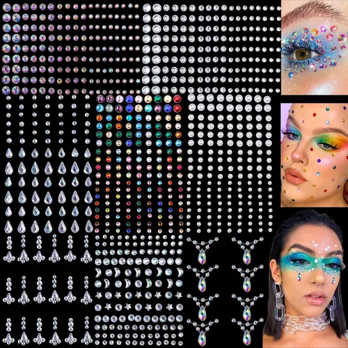 Vista 8 de 6 hojas de joyas para la cara, gemas para la cara, diamantes de imitación autoadhesivos para maquillaje, accesorios para disfraces de festivales