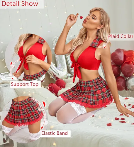 Vista 3 de Avidlove Conjunto de lencería sexy de dos piezas de encaje para mujer, conjunto de lencería con lazo superior y minifalda plisada