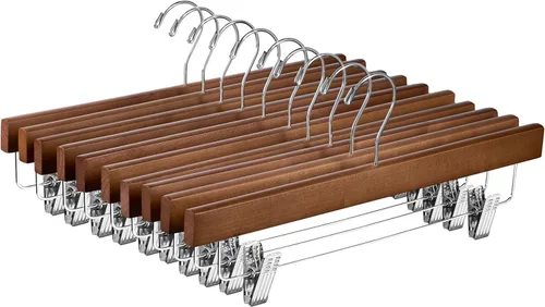 Vista 9 de ZOBER Perchas de madera para pantalones con clips, paquete de 10 perchas de madera de loto maciza de alta calidad para mujer, colgador de madera