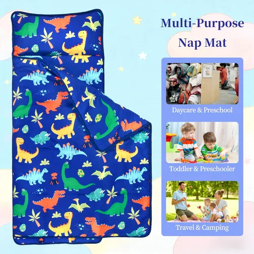 Vista 3 de Toddler Nap Mat with Removable Pillow and Blanket Dinosaur Nap Mat with Pillow Reinforced Stitching Machine Washable, Soft Nap Mats for Daycare