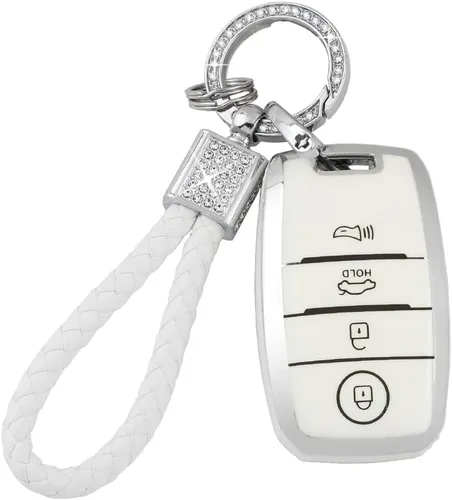 Vista 12 de PIFOOG Funda para llavero de TPU con cadena de llaves brillante, fundas de protección de botones para llaves de entrada sin llave, blanco plateado