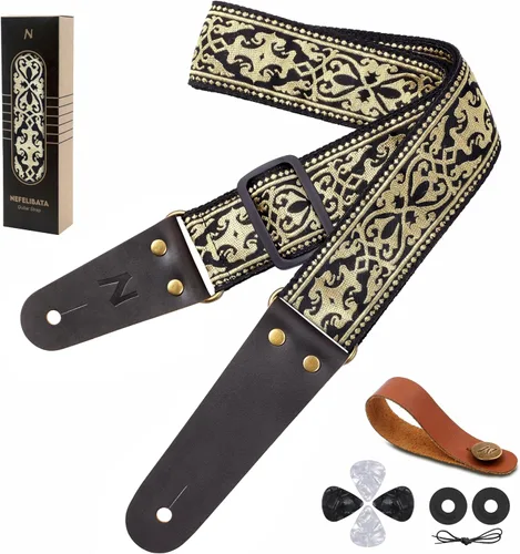 Vista 22 de Nefelibata Correa de guitarra, correas de guitarra de algodón bordadas con extremos de cuero de vaca para bajo, guitarras eléctricas y acústicas