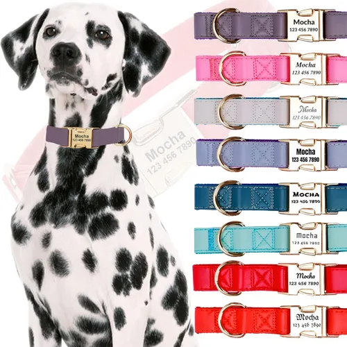 Vista 8 de Custom Large Dog Collar Solid Color Personalized Pet Collar Leather & Nylon Puppy Dogs ID Collars Engraved Name for Small Medium Large Dog