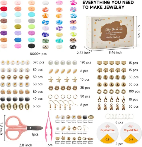 Vista 3 de INSCRAFT Juego de 11000 cuentas de arcilla para hacer pulseras, 48 colores, cuentas planas y redondas de arcilla polimérica, kit de pulsera