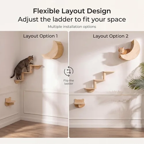 Vista 3 de Estante para gatos de montaje en pared con hamaca, escalera de escalada de 3 niveles y repisas, muebles de pared Moon Cats para actividad de gatitos