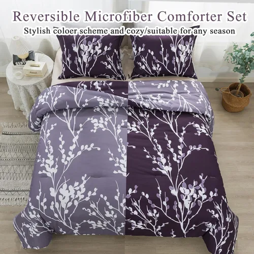 Vista 2 de Andency Juego de edredón morado tamaño individual (66 x 90 pulgadas) – Juego de cama reversible de 2 piezas de microfibra suave y ligera con ramas