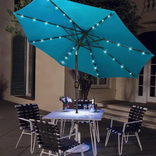 Vista 7 de Blissun Sombrilla solar de 9 pies, sombrilla de patio con 32 luces LED, sombrilla de mercado de mesa, sombrilla al aire libre para jardín, terraza