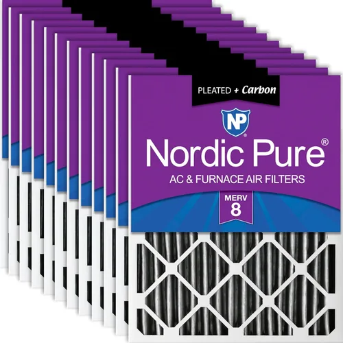 Nordic Pure 14x25x2 (tamaño real: 13 1/2 x 24 1/2 x 1 3/4) Filtros de aire para horno MERV 8 plisados más carbono, paquete de 12