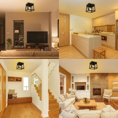 Vista 5 de 1 Light Black Industrial Flush Mount Ceiling Light Fixture - Square Farmhouse Caged Ceiling Light for Closet Kitchen Hallway Porch, E26, Dimmable