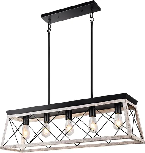 Vista 11 de Lámpara de isla de cocina de granja, 5 luces, acabado de madera envejecida, lámpara de techo rústica para colgar en comedor, isla de cocina, acabado