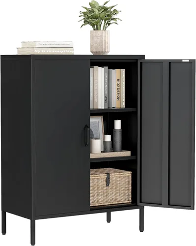 Vista 10 de Vitrina Pequeña con Puertas de Vidrio, Gabinetes de Almacenamiento de Metal Poco Profundos de 12", Gabinete de Librero Corto con Dos Puertas Dos