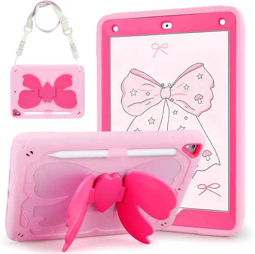Vista 7 de VOFUOE Funda para iPad de 6ª/5ª generación con protector de pantalla para iPad 9.7, 2018 2017, correa de soporte de mariposa, muñecos, portalápices
