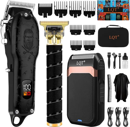 Cortadora de pelo profesional negra vintage para hombres, kit de recortadora de barba y bigote con hoja en T, pantalla LED, máquina de corte de pelo