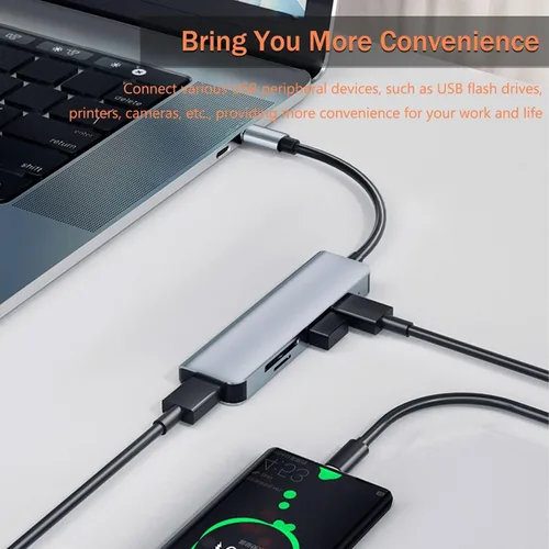 Vista 6 de VIENON 5 en 1 Hub USB-C de aluminio con lector de tarjetas de memoria y 3 puertos USB 3.0, para PC, portátiles, MacBook Pro/Air, iMac Pro, Surface