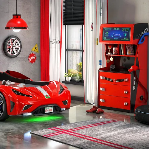 Vista 7 de Cilek GTS EV - Cómoda de 3 cajones con gabinete, diseño de cargador de coche EV, estantes adicionales, cajones de cierre suave, color rojo