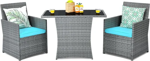 Vista 11 de Tangkula Juego de comedor de mimbre de 3 piezas, 2 sillas de ratán con mesa de comedor rectangular de vidrio templado, juego de conversación al aire