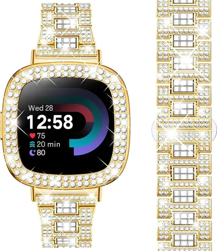 Vista 9 de Dsytom Bling Banda de Reloj Elegante Compatible con Fitbit Versa 4, Sense 2, Versa 3, Sense - Correa Linda con Funda Protectora de Rinstone
