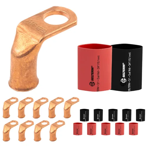Vista 190 de SELTERM - 5 terminales de anillo resistentes para cable de batería, calibre 1/0 AWG, pernos de 1/2 pulgadas, terminales de calibre 0, ojales