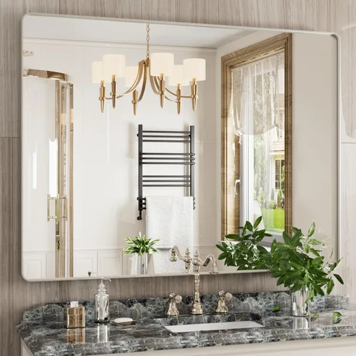 Vista 79 de JISOSO - Espejo de baño negro de 20x30 pulgadas con marco de metal negro, espejo de tocador rectangular redondeado con acabado mate para pared