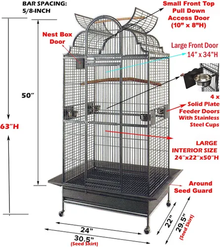 Vista 2 de Jaula grande de hierro forjado, elegante y duradera, con tapa de juego para pájaros, incluye puertas nido de metal sólido con protector de semillas
