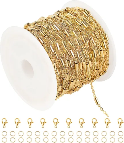 Vista 10 de UMAOKANG Cadena chapada en oro de 16.4 pies para hacer joyas, cadenas de acero inoxidable, cadena de labios a granel con anillos de salto y cierres