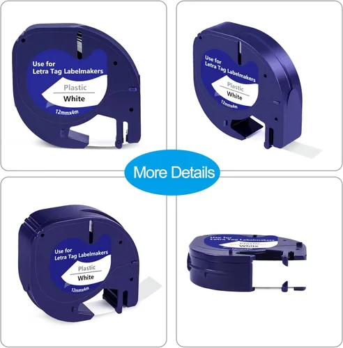 Vista 8 de 5 cintas de plástico 91331 de repuesto para Dymo Letratag de repuesto de 0.472 in x 13.1 ft (1/2 x 13) para DYMO LetraTag 200B LT-100H LT-100T Plus