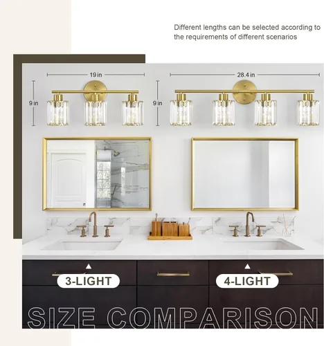Vista 5 de Lámparas de baño de cristal, accesorios de iluminación de baño sobre el espejo, modernas luces doradas de 3 luces para espejo, baño, cocina