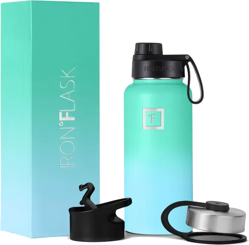 Vista 80 de IRON °FLASK - Botella deportiva de 14, 18, 22, 32, 40, 64 o 128 onzas, 3 tapas (boquilla), acero inoxidable aislado al vacío, doble pared moderna