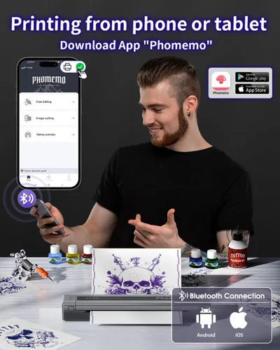 Vista 3 de Phomemo TP88 Impresora de plantillas de transferencia de tatuajes, impresora térmica de tatuaje con 10 piezas de papel de transferencia, máquina