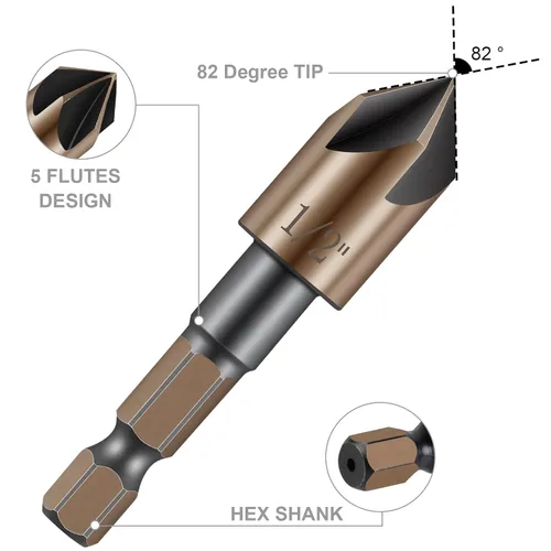 Vista 3 de Broca avellanadora de 82 grados HSS de 1/4 a 3/4 pulgadas con vástago hexagonal de 1/4 de pulgada, broca avellanadora para madera, metal, plástico