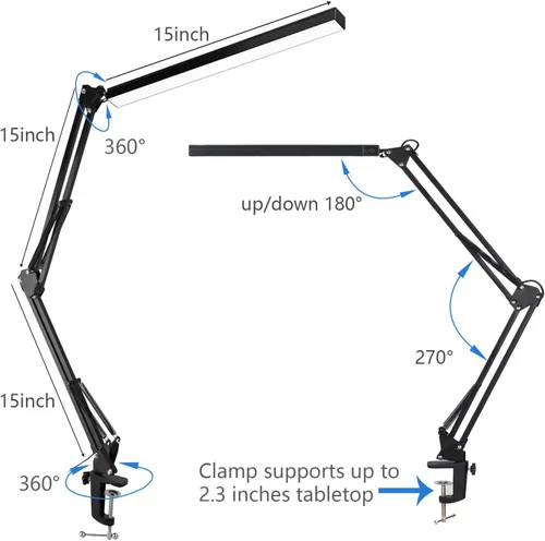 Vista 5 de Lámpara de escritorio LED para arquitecto, control táctil, brazo oscilante de metal, lámpara de tarea regulable, lámpara de mesa para el cuidado