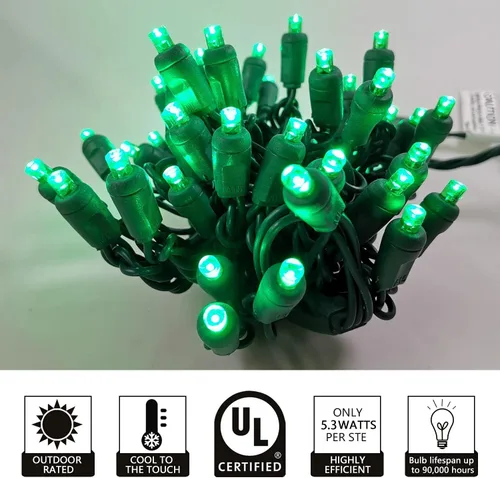Vista 3 de Luces de Navidad LED, juego de luces LED comerciales en miniatura, 120V UL, luces navideñas con cable verde