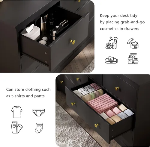 Vista 5 de Cómoda negra de 7 cajones para dormitorio, cómoda de madera de 55 pulgadas de ancho con asas doradas, organizador moderno y grande para sala