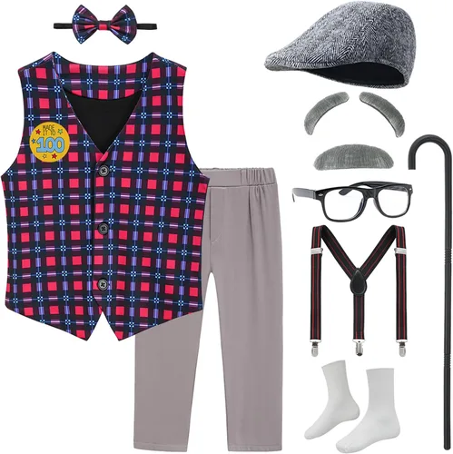 Z-Shop Disfraz de anciano para niños, disfraz de abuelo de 100 días de escuela, chaleco y pantalones para niño