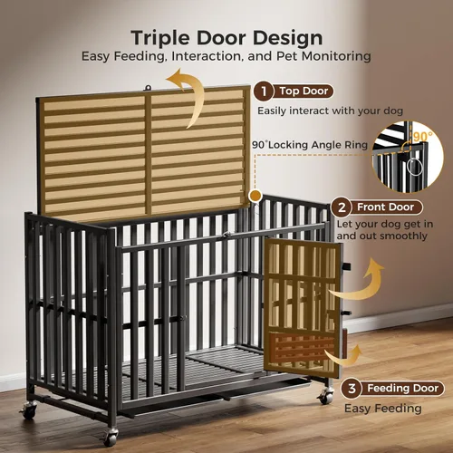 Vista 8 de Jaula para Perros de Servicio Pesado, Jaula Indestructible a Prueba de Escape para Perros con Alta Ansiedad, Perrera de 3 Puertas con 4 Ruedas