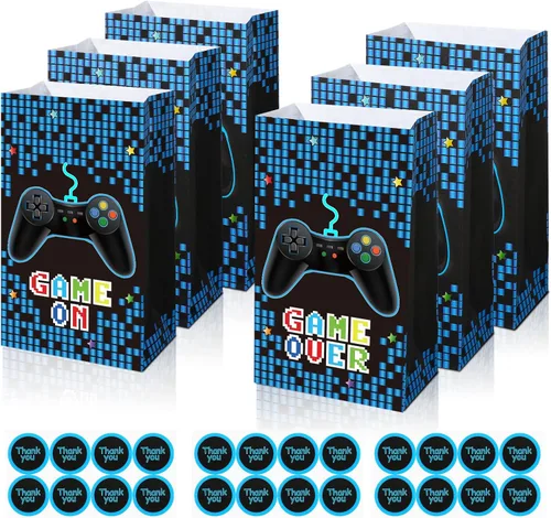 Paquete de 24 bolsas de recuerdo de fiesta para jugadores, suministros de videojuegos temáticos para dulces, bolsas de fiesta con calcomanías para