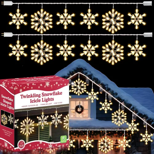 Vista 9 de Paquete de 2 luces LED parpadeantes de copos de nieve de Navidad con 6 gotas, 8.8 pies, 14 de 100 luces de copo de nieve de Navidad parpadeantes al