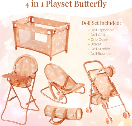 Vista 3 de Juego de cochecito de muñeca bebé 4 en 1 con diseño de mariposa – Incluye cochecito de juguete, cuna, mecedora y silla alta – Accesorios