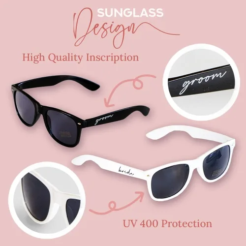 Vista 2 de Pretty Robes Bride and Groom Sunglasses for Bachelorette Party, Wedding Accessories for Brides, Beach Wedding Sunglasses