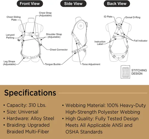 Vista 6 de AFP Arnés de seguridad universal de cuerpo completo con anillo en D dorsal con hebilla de lengua patas de alta visibilidad, cordón de absorción