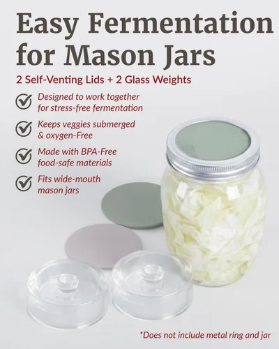 Vista 2 de Elementi Mason Jar - Kit de fermentación de 2 tapas de fermentación de silicona y pesas de fermentación de boca ancha, chucrut, kimchi y decapado