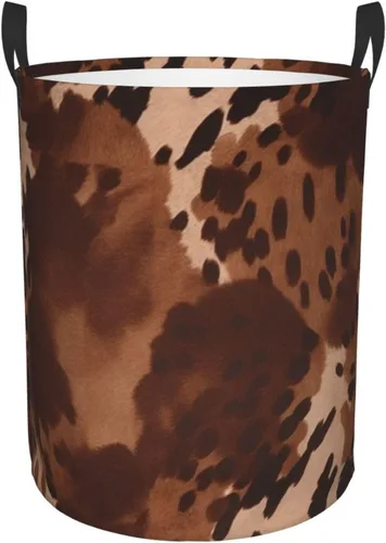 brown cowhide art print Circular Hamper Waterproof Storage Bin Organizer Basket Laundry Hamper With Handles For Clothes Toys Small